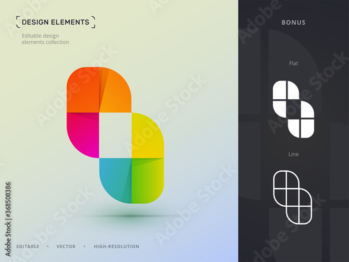 Vector abstract letter O logo design template. Fluent material, origami paper, flat, line style icon set