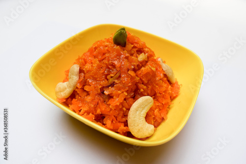 Side view of Gajar ka Halwa, or Carrot halwa a popular Indian, Pakistani sweet dish dessert