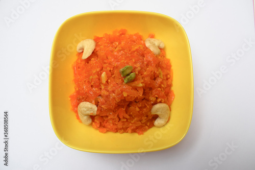 Top view of Gajar ka Halwa or Carrot halwa a popular Indian, Pakistani sweet dish dessert photo