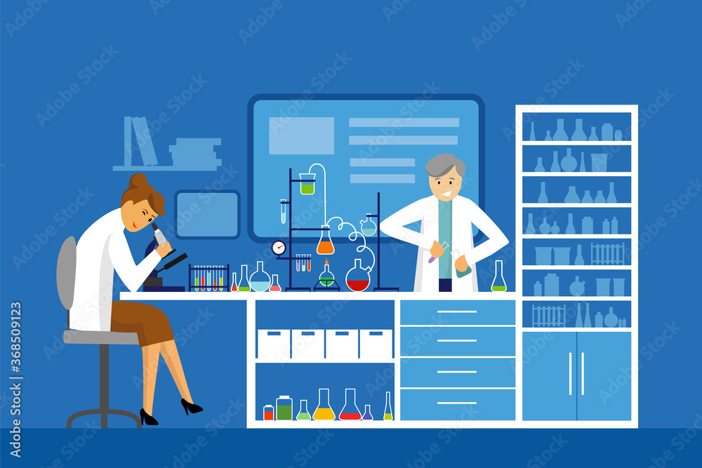 Illustration of scientists men and woman working at science lab Chemical experiment lab testing flat cartoon illustration Scientists in white lab coats analyzing liquid in tubes lab cartoon characters