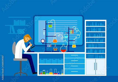 laborant scientist working at science lab. Chemical experiment lab testing flat illustration Scientists in white lab coats analyzing liquid in tubes lab cartoon characters scientist © Ilya
