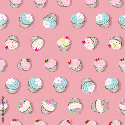 Seamless pattern of hand drawn cupcakes on a pink background design