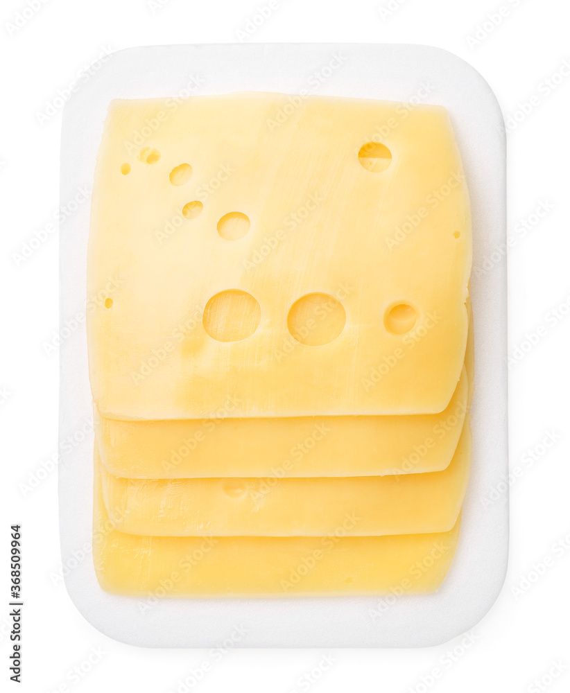 Sliced cheese in pieces in package on white background, isolated. The view from top