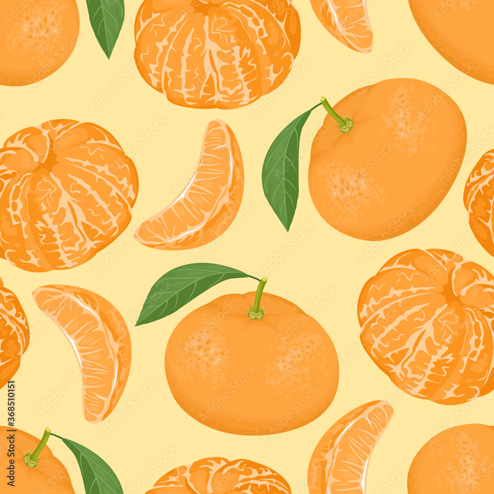 Mandarins or tangerines seamless pattern. Orange citrus and green leaves, peeled fruits and slices. Vector illustration in cartoon flat style. Food background.