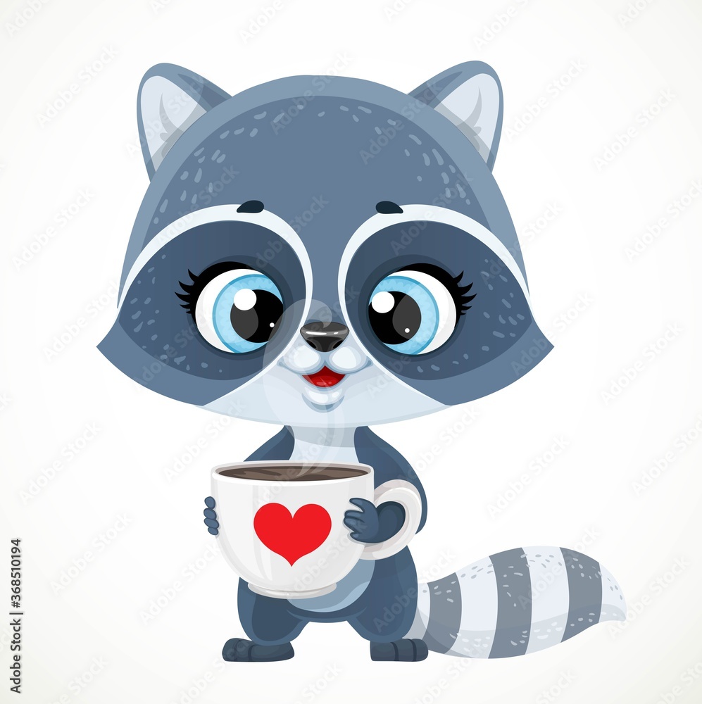 Cute cartoon baby raccoon with cup of tea or coffee isolated on a white background