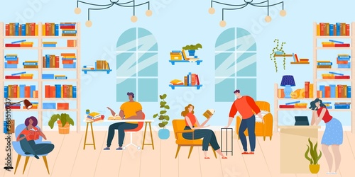 People read books in library flat vector illustration. Cartoon happy booklover reader characters sitting at tables and in chairs, reading literature in bookshop room interior, education background