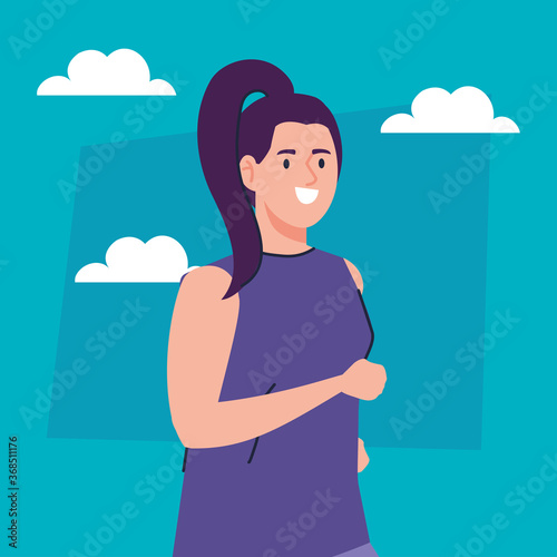 woman performing outdoor activities  woman with clouds vector illustration design