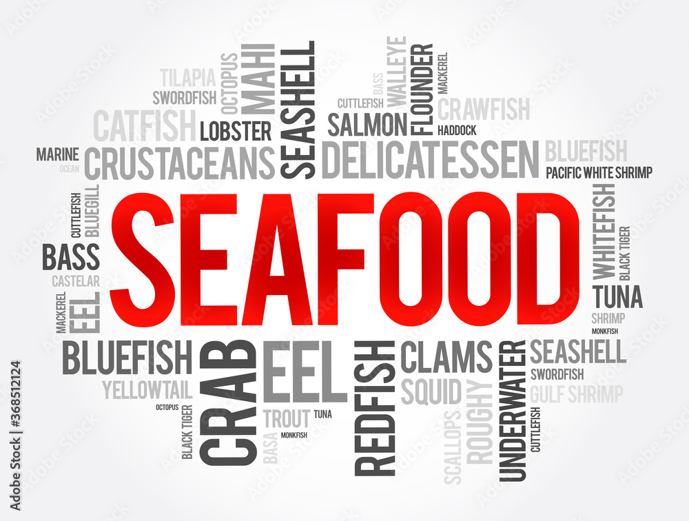 Seafood word cloud collage, food concept background Seafood word cloud collage, food concept background