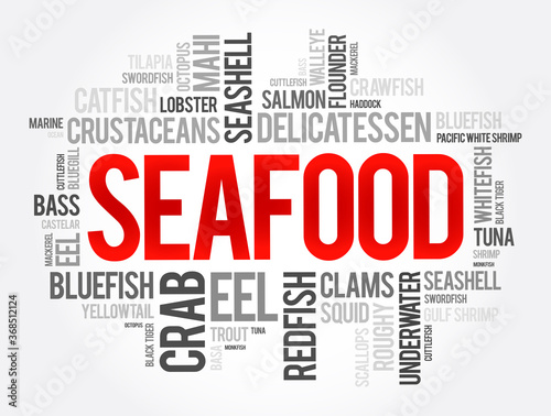 Seafood word cloud collage, food concept background
