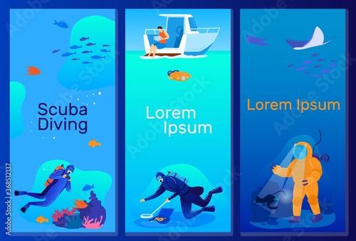 People diving vector illustration set. Cartoon flat scuba diver character dives in ocean or sea tropical nature, swimming with fishes in natural coral reefs, extreme underwater sport vertical banners