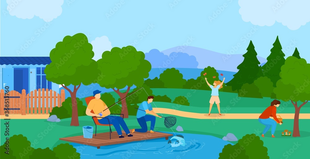 Obraz premium Summer outdoor activity flat vector illustration. Cartoon active family or friends characters spend time in nature together, fish in lake, pick mushrooms, summertime weekend adventure background