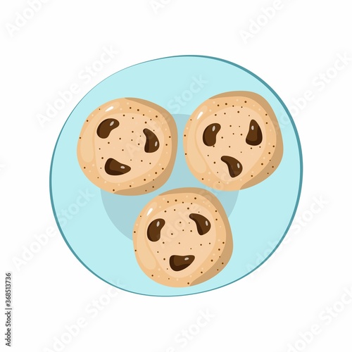 Plate with cookies. American oatmeal cookies with chocolate on blue dish, hand drawn doodle cartoon vector of products