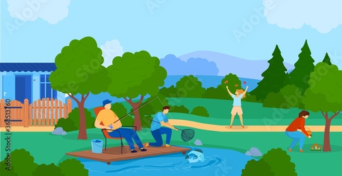 Summer outdoor activity flat vector illustration. Cartoon active family or friends characters spend time in nature together, fish in lake, pick mushrooms, summertime weekend adventure background