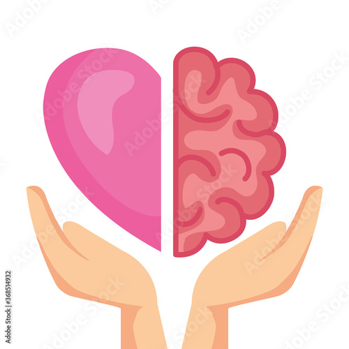 hands holding half brain and heart, conflict between emotions and rational thinking vector illustration design