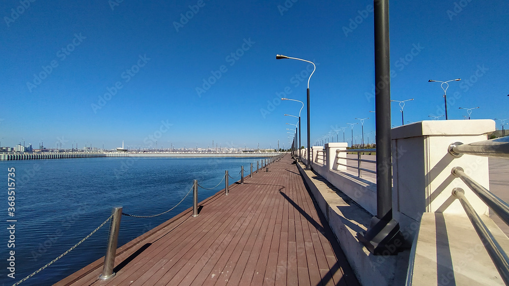 Obraz premium Pier in Caspian Sea Baku Boulevard. Sea view from Baku city boulevard pier.