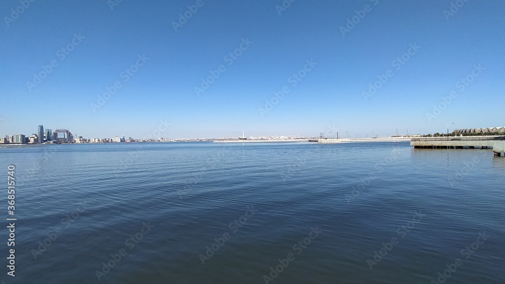 Sea view from Baku city boulevard and Caspian sea. Beautiful sea boulevard scenery in Baku