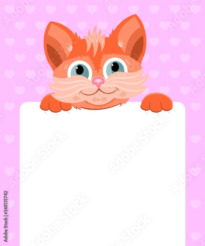 Ginger Cat looks from behind a blank poster, sharp claws. Pink background with hearts. Flat style art vector illustration. Post your own text template.