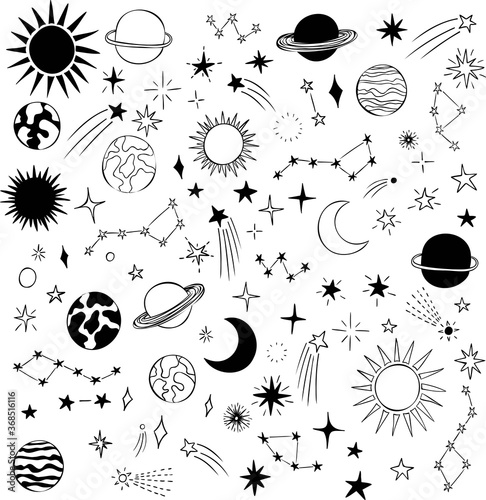 Starry night hand drawn vector doodle - stars, planets, moon, sun, constellations, falling stars