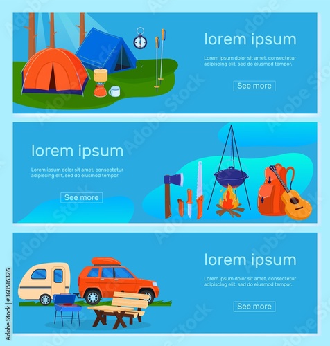 Hiking, tourist camp vector illustration set. Cartoon flat outdoor tourism banner collection with camping tents for hikers in nature woods, cooking food on campfire, backpack, car trailer campervan