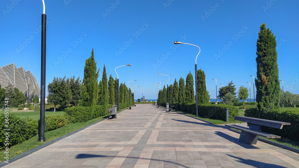 Green park scenery in Baku boulevard. Beautiful green park inside of Baku Boulevard