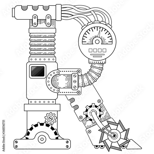 Vector Steampunk coloring book for adults. Mechanical letter alphabet made of metal gears and various details on white background. Capital letter R from the alphabet of gears