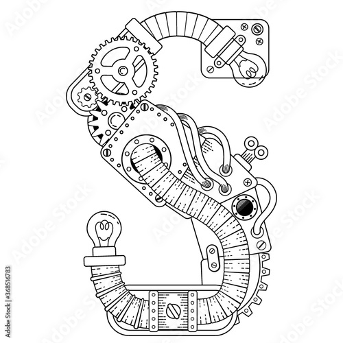 Vector Steampunk coloring book for adults. Mechanical letter alphabet made of metal gears and various details on white background. Capital letter S from the alphabet of gears