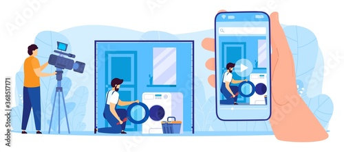 Washing machine repairing video lesson flat vector illustration. Cartoon cameraman recording stream for vlog, repairman character fixing broken washing machine, vlogger media content isolated on white