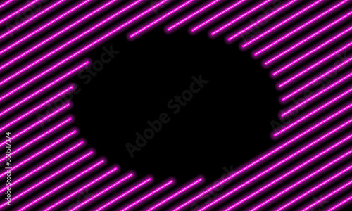 Background, bright neon stick lines tilted. Copy space circle. Beautiful glowing geometric elements. Vector illustration.