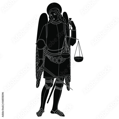 Standing medieval warrior angel or archangel in armor with sword and wages. Black and white silhouette.