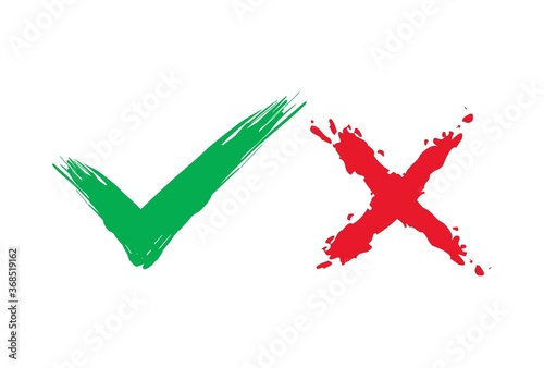 Tick and cross brush signs. Green checkmark OK and red X icons, isolated on white background.