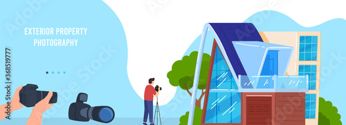 Modern city buildings photo flat vector illustration. Cartoon photographer hands holding professional camera, cameraman character photographing house, shooting exterior property for real estate agency