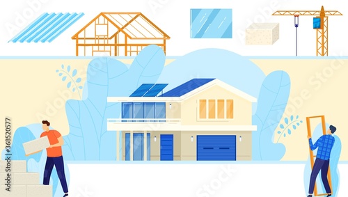 Building construction technology vector illustration. Cartoon flat builder worker character team working in city house constructig process, using technical tools and crane machinery concept background