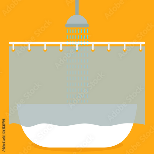 Bath behind the curtain and shower water
