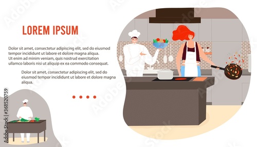 People cooking in kitchen vector illustration. Cartoon flat happy man woman chef characters in aprons cook healthy food on dinner together in modern home kitchen interior, easy fun culinary banner