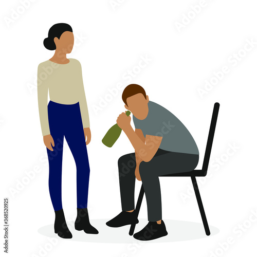 A male character sits on a chair with a bottle in his hand, while a female character stands nearby and looks at him photo