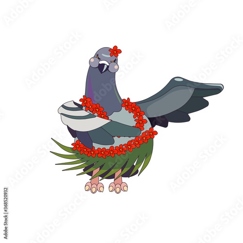 Rock Pigeon is dancing Hula in traditional Hawaiian clothes on white isolated background, vector illustration in Cartoon style, concept of Dancing, Travelling, Hobby, Tropical Lifestyle and Relax.