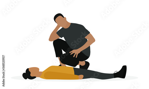 A female character lies on the floor, while a male character squats nearby