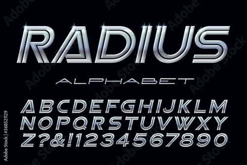 Alphabet with a Metallic or Chrome Effect. This Wide Vector Font Has Shiny Gradients and Highlights, and Features a High Tech or Futuristic Motorsports Look.