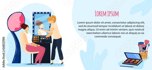 Cosmetics beauty vector illustration. Cartoon flat woman character sitting in beautician salon, artist visagist creating beautiful glamour make up, using professional makeup palette and brushes banner