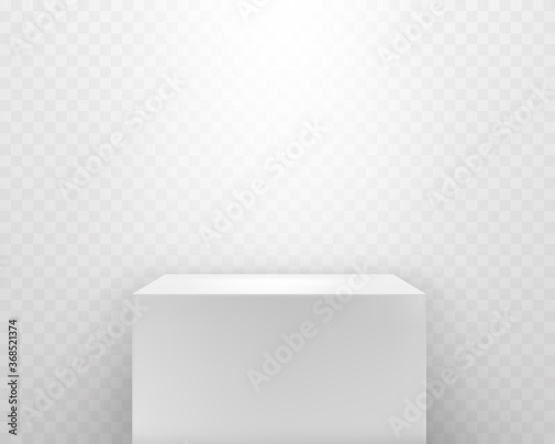 Pedestal with shadow and spotlight isolated on transparent background. White 3d cube podium stand. Vector empty platform mockup