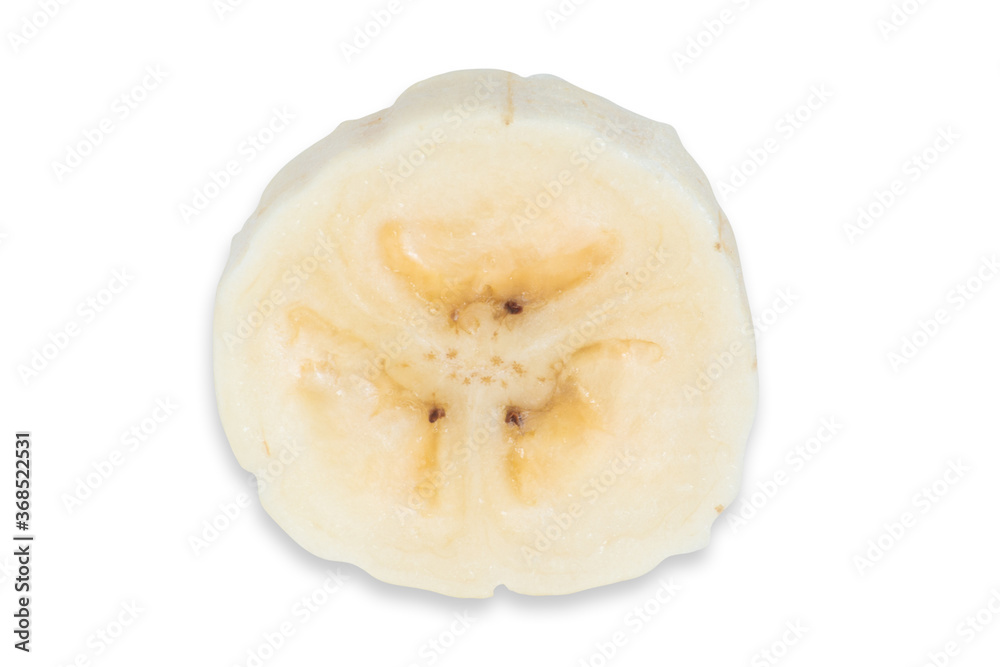 Ripe banana cut into round slice.Isolated on white background.Copy space.