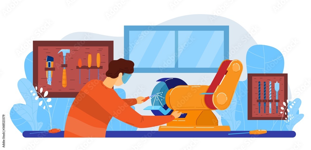 Work on grinding machine flat vector illustration. Cartoon worker grinder machining, working with electric technical industrial machinery equipment, tools for metal grind, metalwork isolated on white