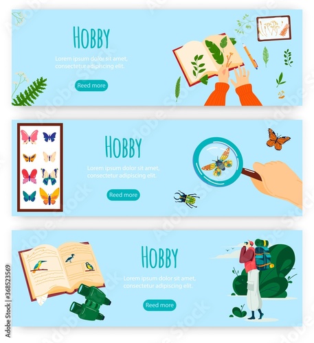 Hobby creative art vector illustration. Cartoon flat hobbyist hands scrapbooking, creating handmade artistic book with dry plants, bugs and butterflies, birdwatcher studying birds in nature banners