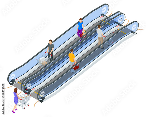 Isometric Escalator isolated on white background. Woman and man with shopping cart on escalator in mall.