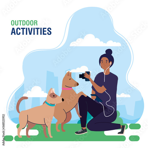 banner, woman photographer performing leisure outdoor activities, young photographer woman taking a photo to dogs vector illustration design