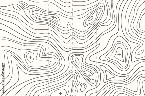 Topographic map or sheet with contours, relief, features, mountain texture and grid.