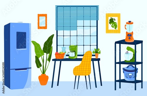 Kitchen interior with modern appliances vector illustration. Cartoon flat kitchen room with fridge, table chair, houseplants, kitchenware household appliances for cooking food on shelves background