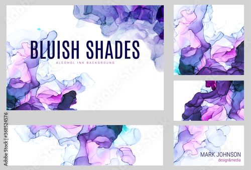 Violet shades watercolor cards collection, wet liquid