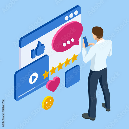 Isometric businessman character communication online social network. Social media internet connection global communications networking