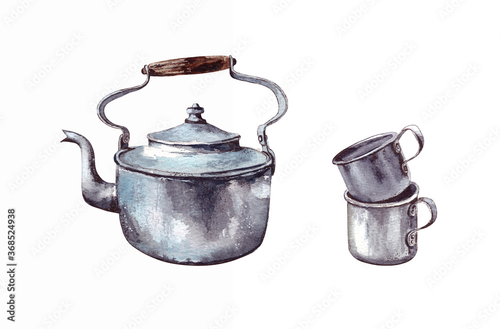 Watercolor illustration.vintage aluminum old teapot and two aluminum mugs. vintage tableware.Isolated on a white background